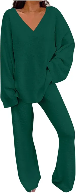 Womens 2 Piece Outfits Fuzzy Fleece Pajama Set V Neck Long Sleeve Pullover Tops and Wide Leg Pants Baggy Lounge Sets