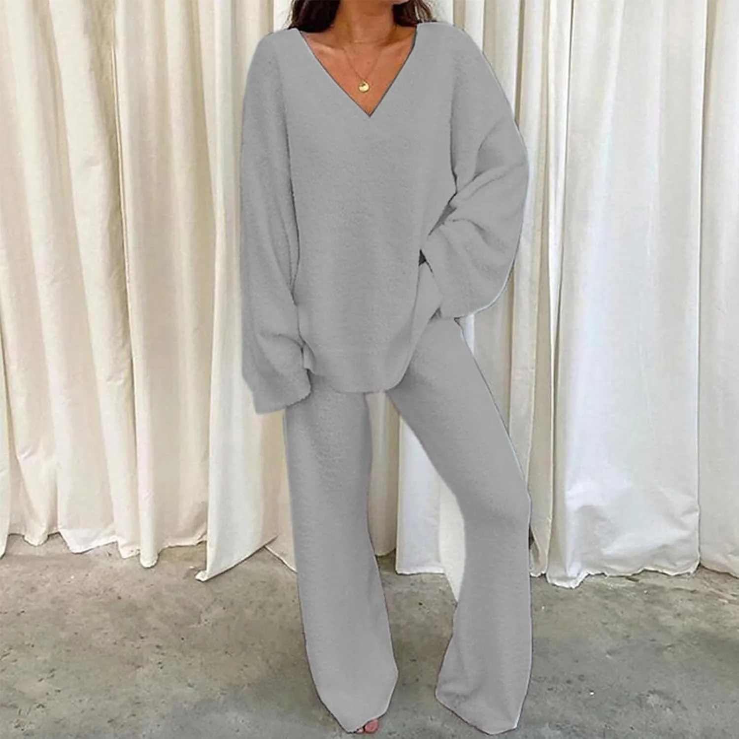 Womens 2 Piece Outfits Fuzzy Fleece Pajama Set V Neck Long Sleeve Pullover Tops and Wide Leg Pants Baggy Lounge Sets