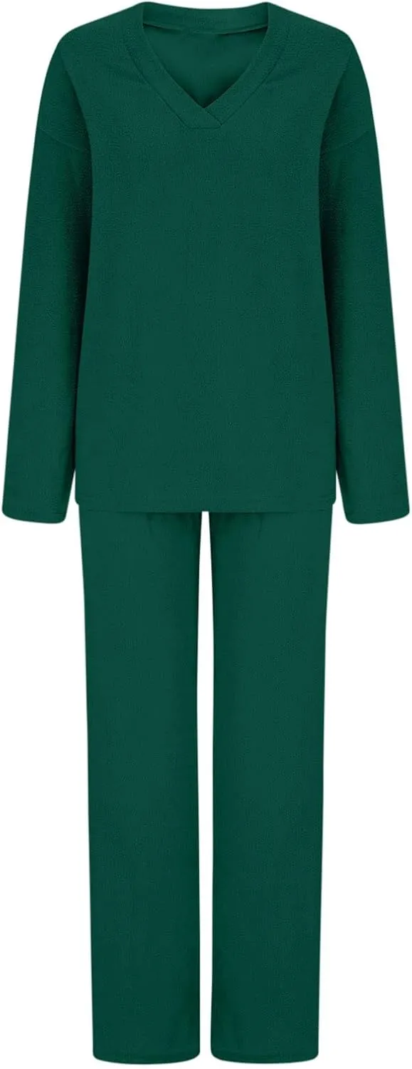 Womens 2 Piece Outfits Fuzzy Fleece Pajama Set V Neck Long Sleeve Pullover Tops and Wide Leg Pants Baggy Lounge Sets