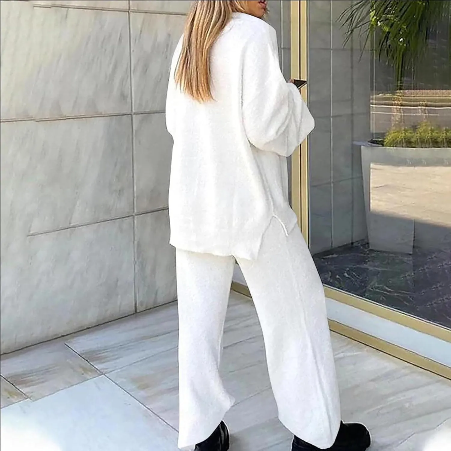 Womens 2 Piece Outfits Fuzzy Fleece Pajama Set V Neck Long Sleeve Pullover Tops and Wide Leg Pants Baggy Lounge Sets