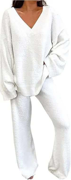 Womens 2 Piece Outfits Fuzzy Fleece Pajama Set V Neck Long Sleeve Pullover Tops and Wide Leg Pants Baggy Lounge Sets
