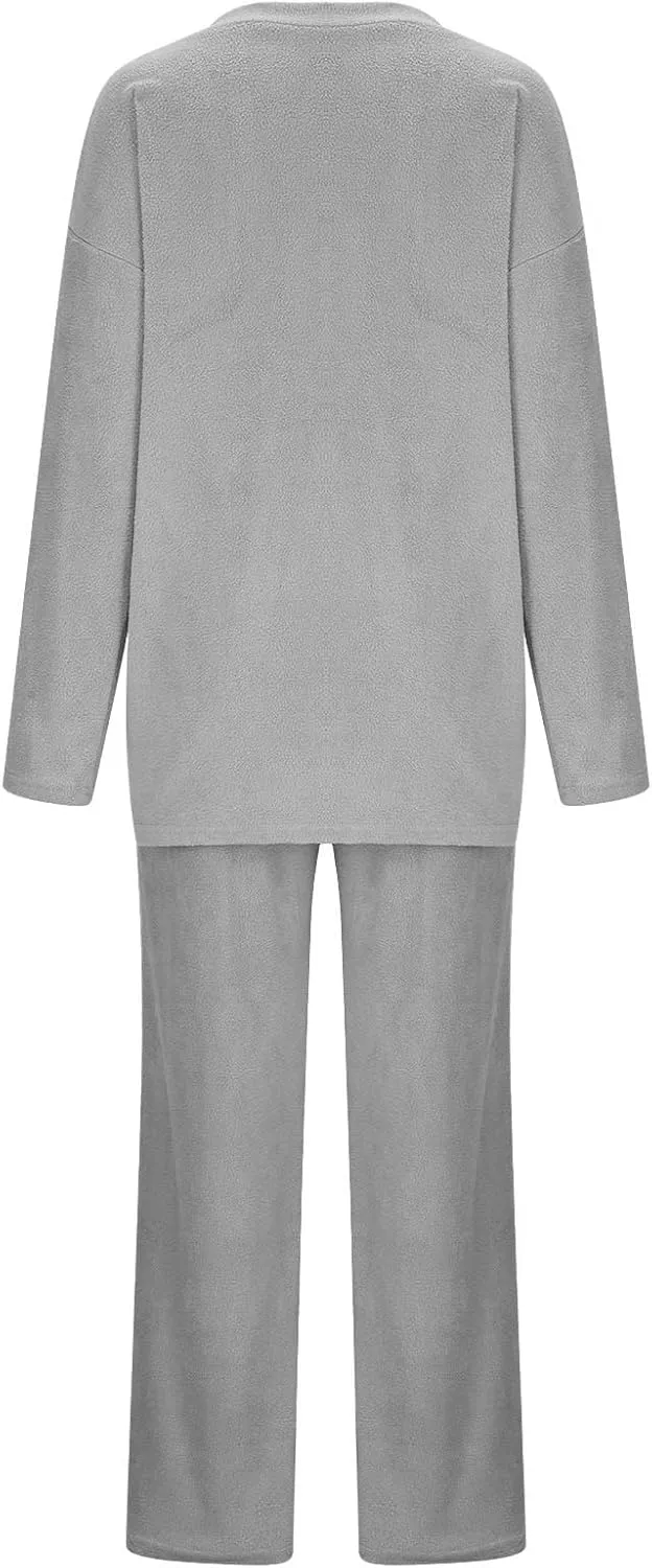 Womens 2 Piece Outfits Fuzzy Fleece Pajama Set V Neck Long Sleeve Pullover Tops and Wide Leg Pants Baggy Lounge Sets