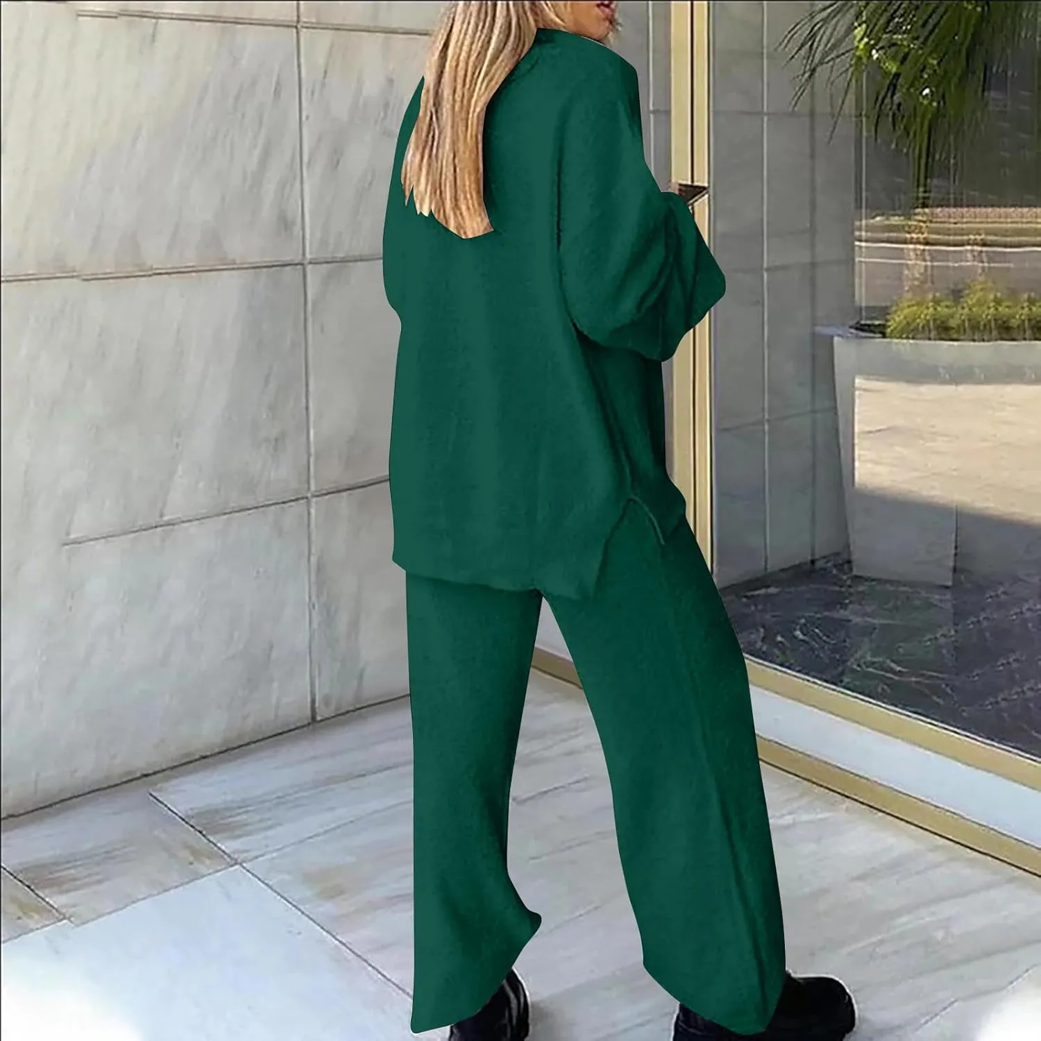 Womens 2 Piece Outfits Fuzzy Fleece Pajama Set V Neck Long Sleeve Pullover Tops and Wide Leg Pants Baggy Lounge Sets