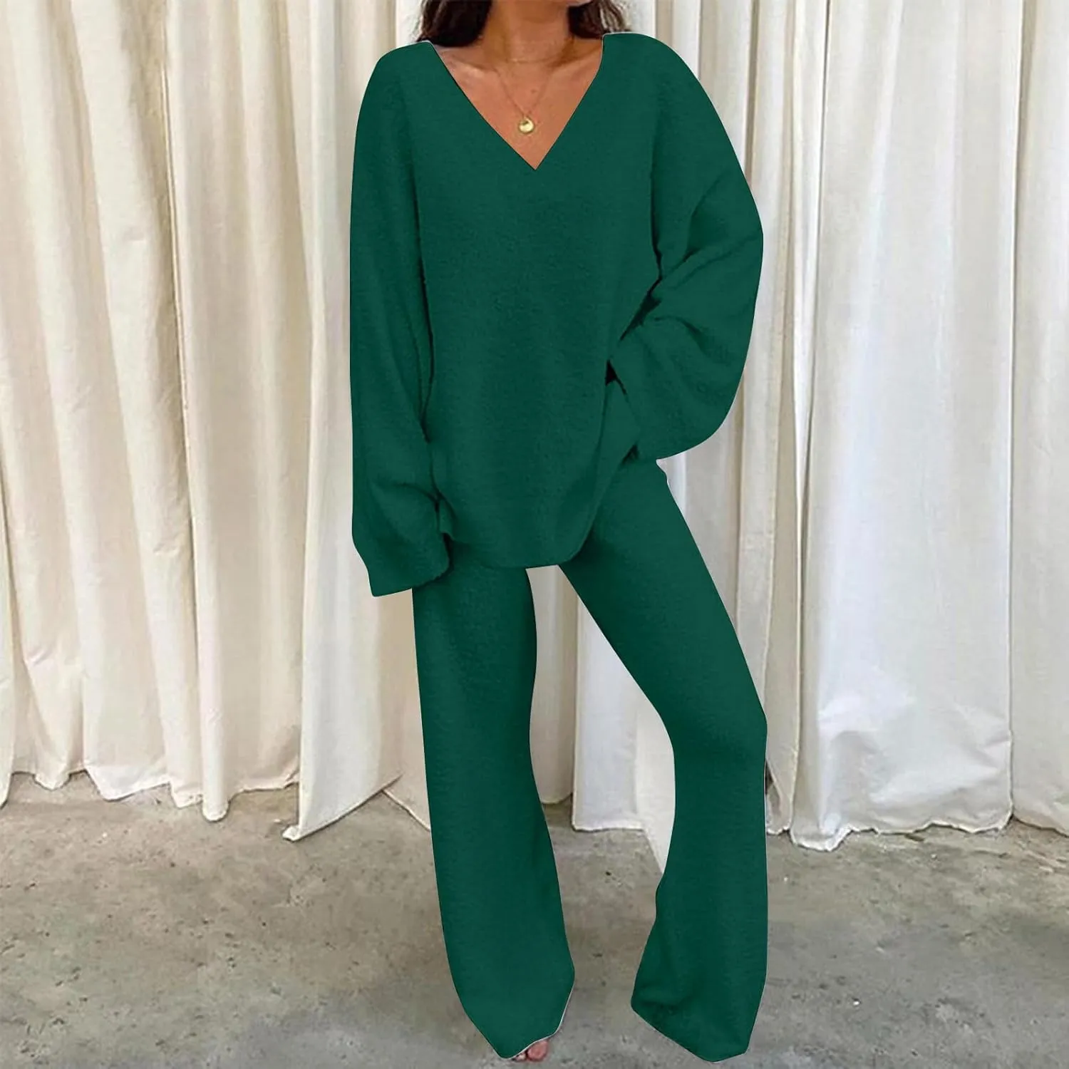 Womens 2 Piece Outfits Fuzzy Fleece Pajama Set V Neck Long Sleeve Pullover Tops and Wide Leg Pants Baggy Lounge Sets