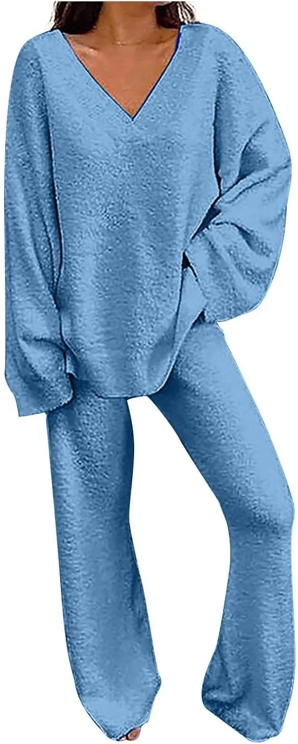 Womens 2 Piece Outfits Fuzzy Fleece Pajama Set V Neck Long Sleeve Pullover Tops and Wide Leg Pants Baggy Lounge Sets