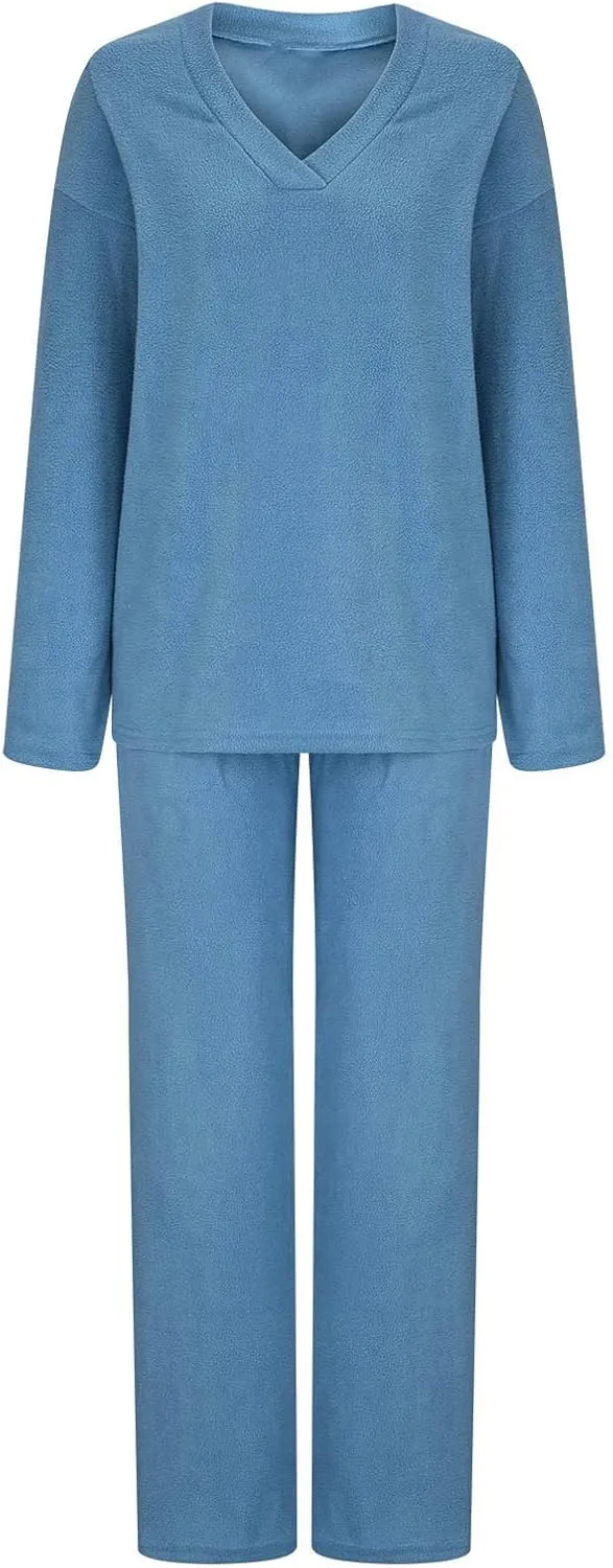 Womens 2 Piece Outfits Fuzzy Fleece Pajama Set V Neck Long Sleeve Pullover Tops and Wide Leg Pants Baggy Lounge Sets
