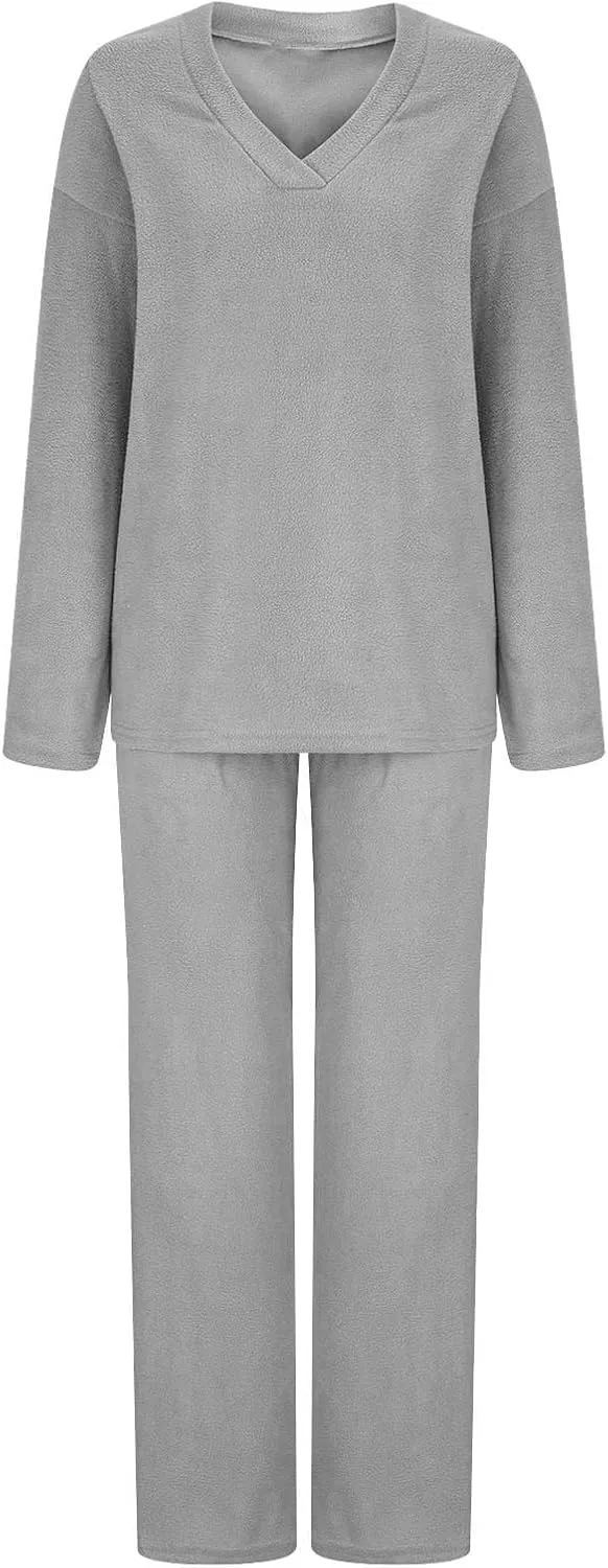 Womens 2 Piece Outfits Fuzzy Fleece Pajama Set V Neck Long Sleeve Pullover Tops and Wide Leg Pants Baggy Lounge Sets