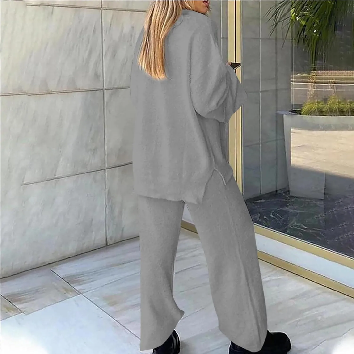 Womens 2 Piece Outfits Fuzzy Fleece Pajama Set V Neck Long Sleeve Pullover Tops and Wide Leg Pants Baggy Lounge Sets