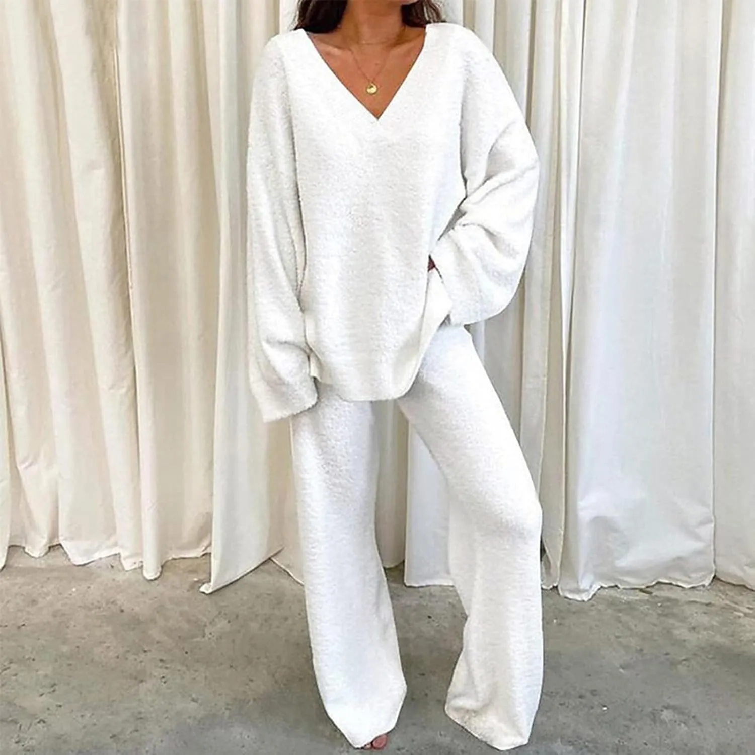Womens 2 Piece Outfits Fuzzy Fleece Pajama Set V Neck Long Sleeve Pullover Tops and Wide Leg Pants Baggy Lounge Sets
