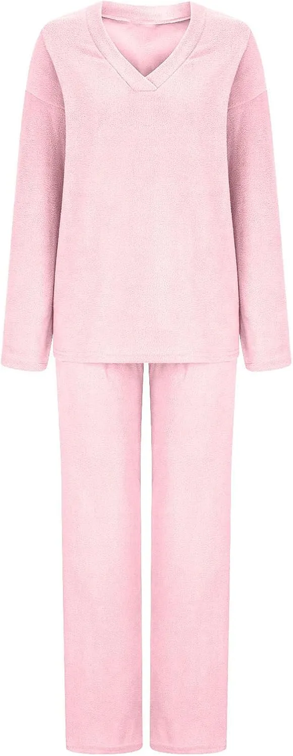 Womens 2 Piece Outfits Fuzzy Fleece Pajama Set V Neck Long Sleeve Pullover Tops and Wide Leg Pants Baggy Lounge Sets