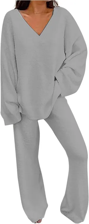 Womens 2 Piece Outfits Fuzzy Fleece Pajama Set V Neck Long Sleeve Pullover Tops and Wide Leg Pants Baggy Lounge Sets