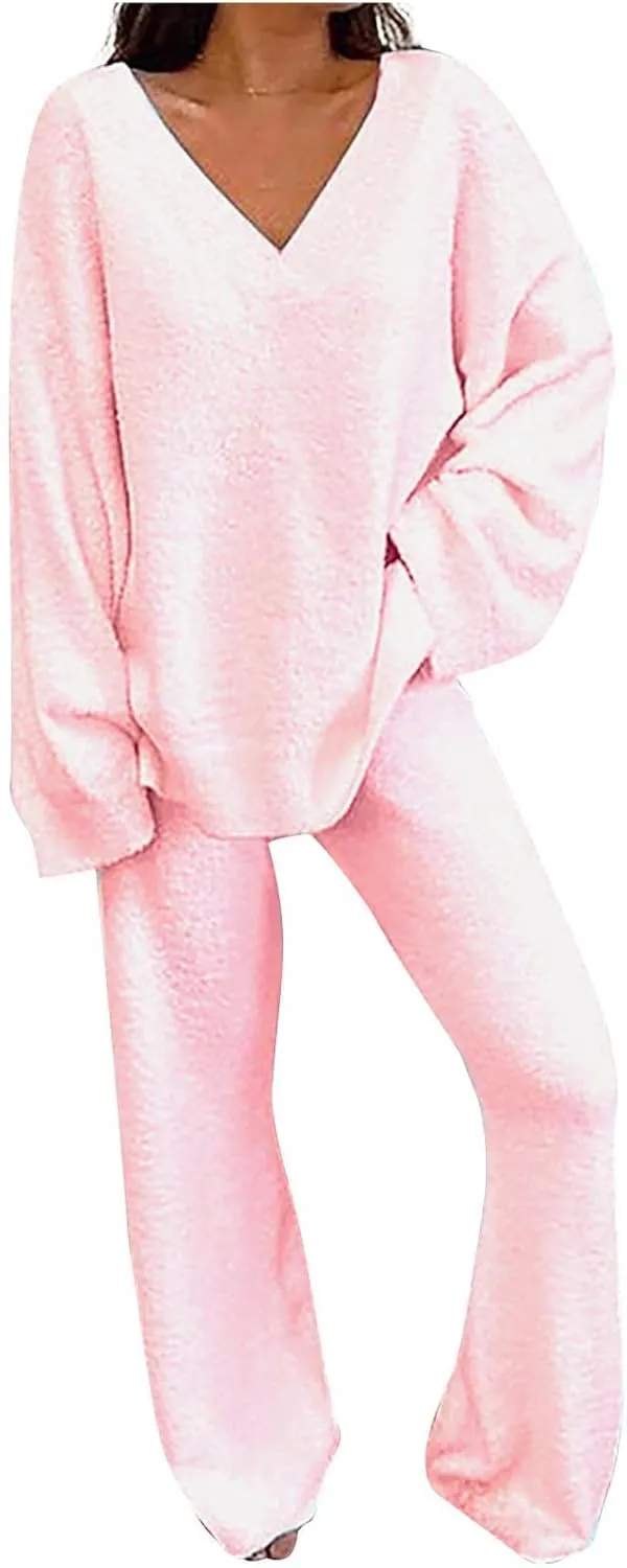 Womens 2 Piece Outfits Fuzzy Fleece Pajama Set V Neck Long Sleeve Pullover Tops and Wide Leg Pants Baggy Lounge Sets