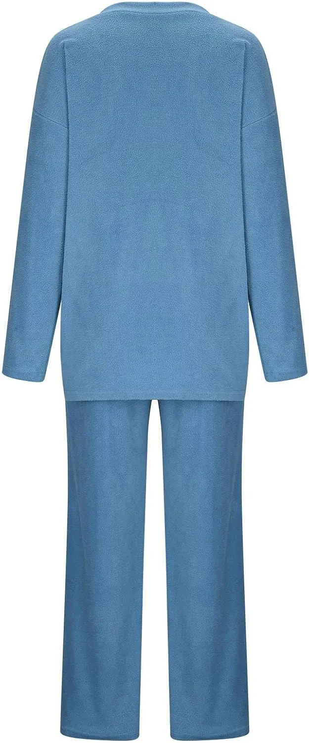 Womens 2 Piece Outfits Fuzzy Fleece Pajama Set V Neck Long Sleeve Pullover Tops and Wide Leg Pants Baggy Lounge Sets