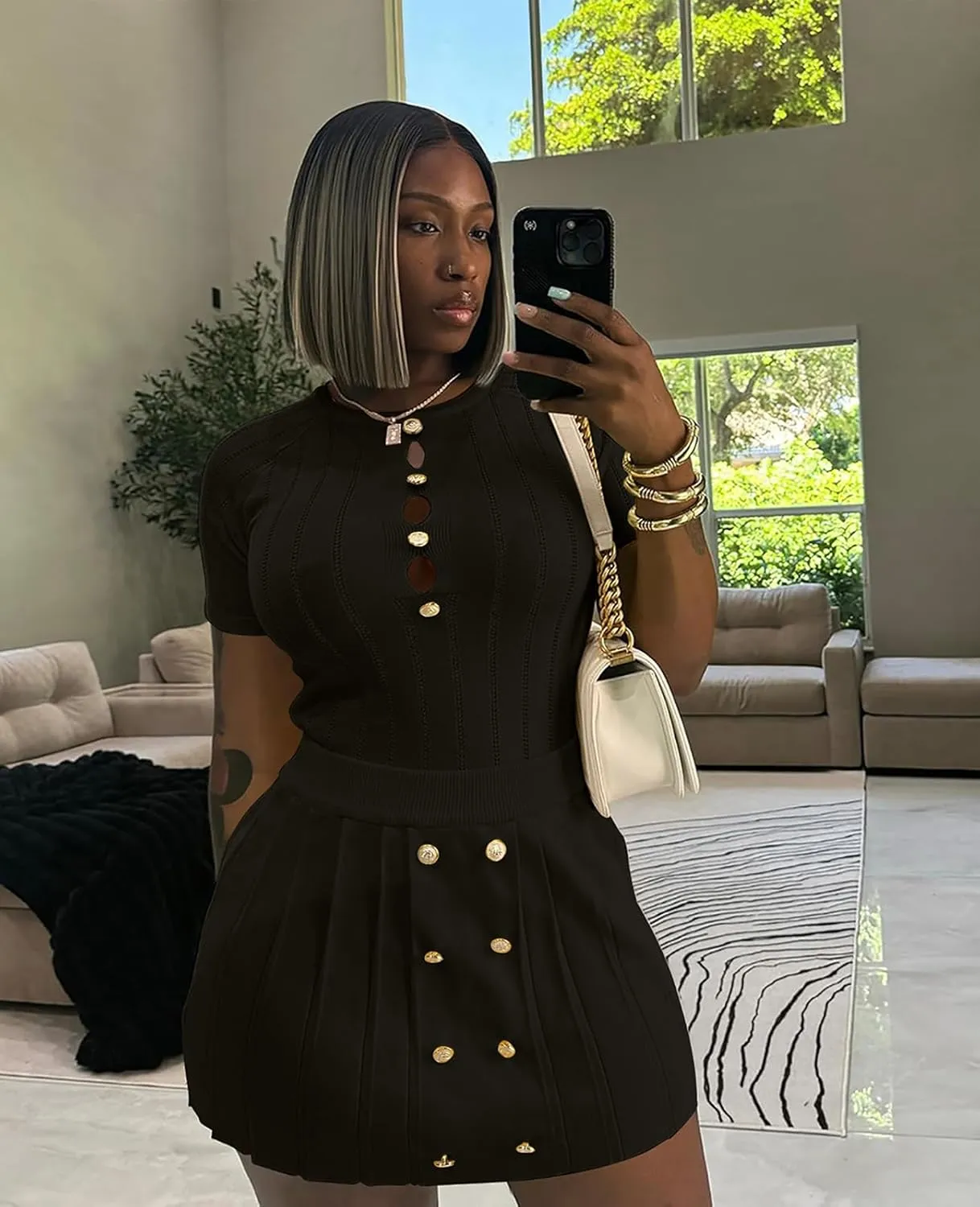 Women's 2 Piece Outfits Knitted Crop Top Pleated Mini Skirt Set for Summer Party Club Going Out