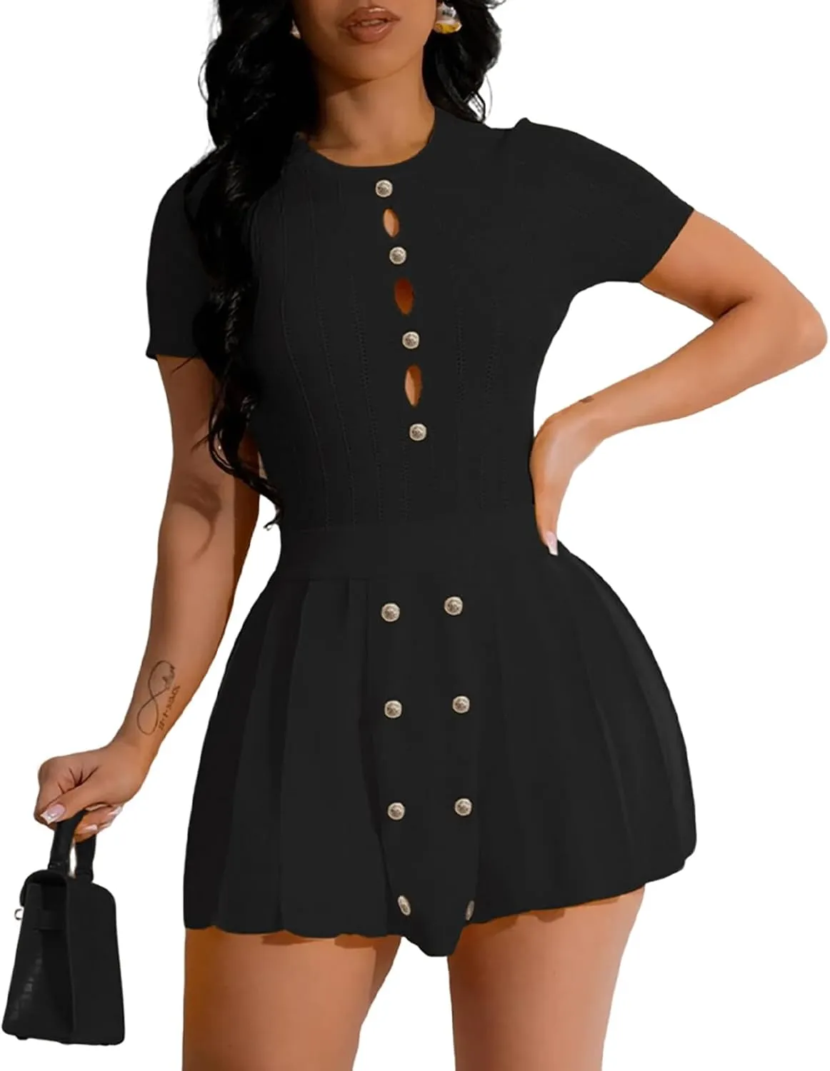 Women's 2 Piece Outfits Knitted Crop Top Pleated Mini Skirt Set for Summer Party Club Going Out