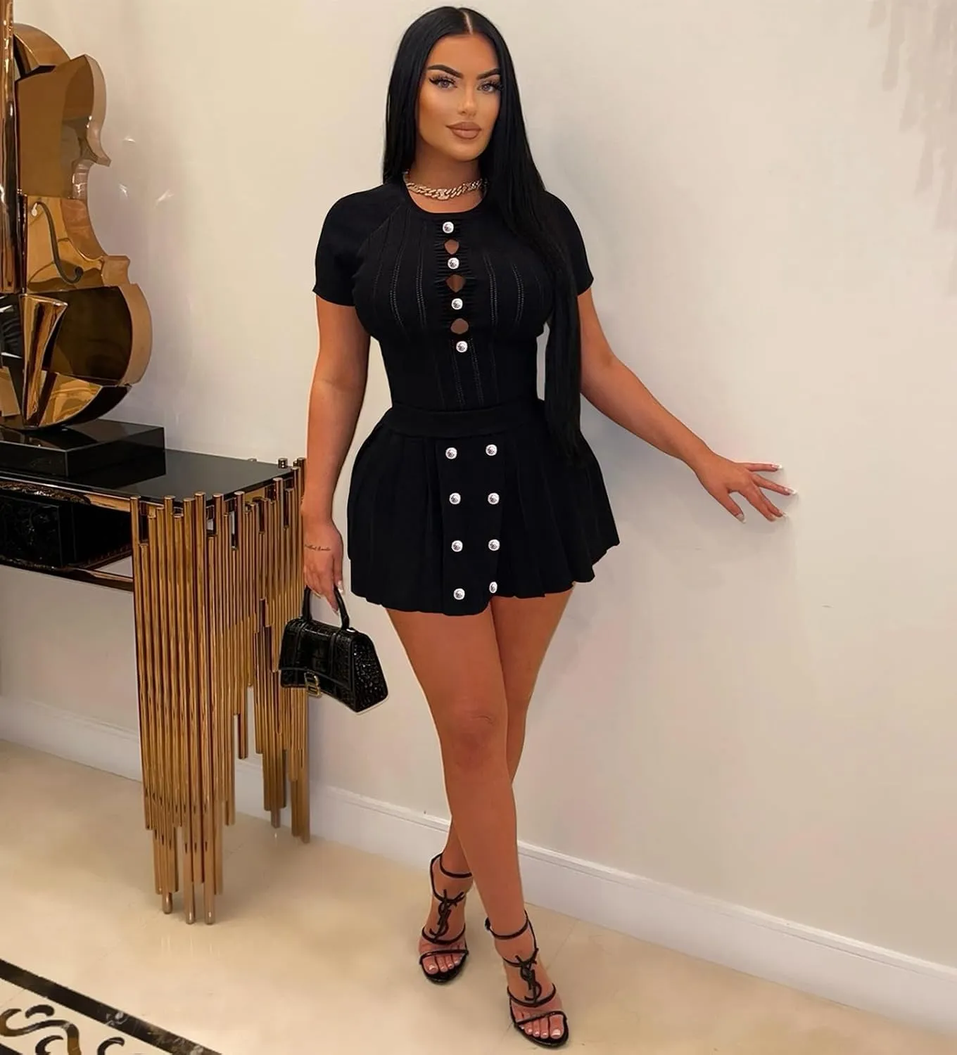 Women's 2 Piece Outfits Knitted Crop Top Pleated Mini Skirt Set for Summer Party Club Going Out