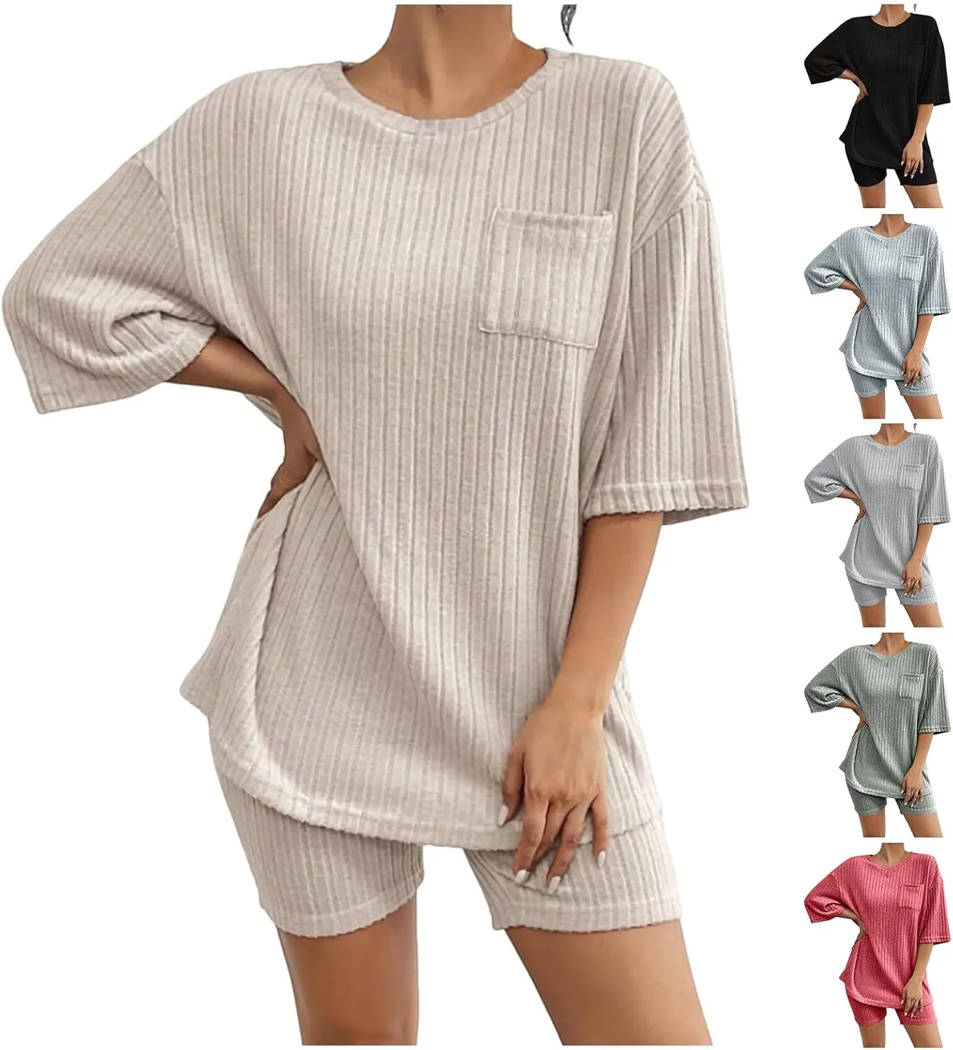 Women's 2 Piece Outfits Ribbed Knit Sets Half Sleeve T-Shirt Biker Shorts Set Matching Tracksuits Casual Sleepwear
