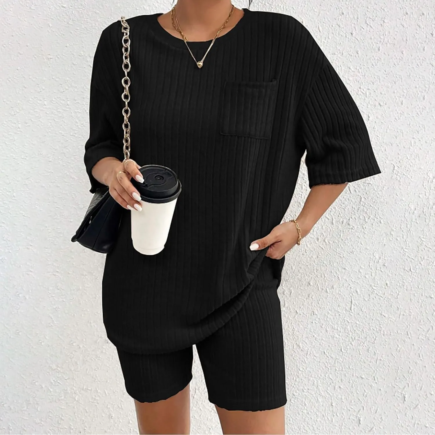 Women's 2 Piece Outfits Ribbed Knit Sets Half Sleeve T-Shirt Biker Shorts Set Matching Tracksuits Casual Sleepwear