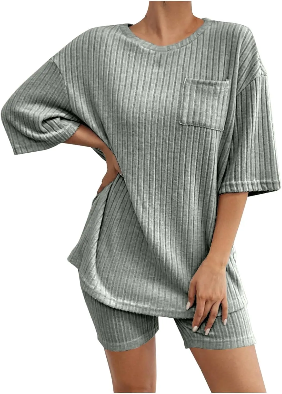 Women's 2 Piece Outfits Ribbed Knit Sets Half Sleeve T-Shirt Biker Shorts Set Matching Tracksuits Casual Sleepwear