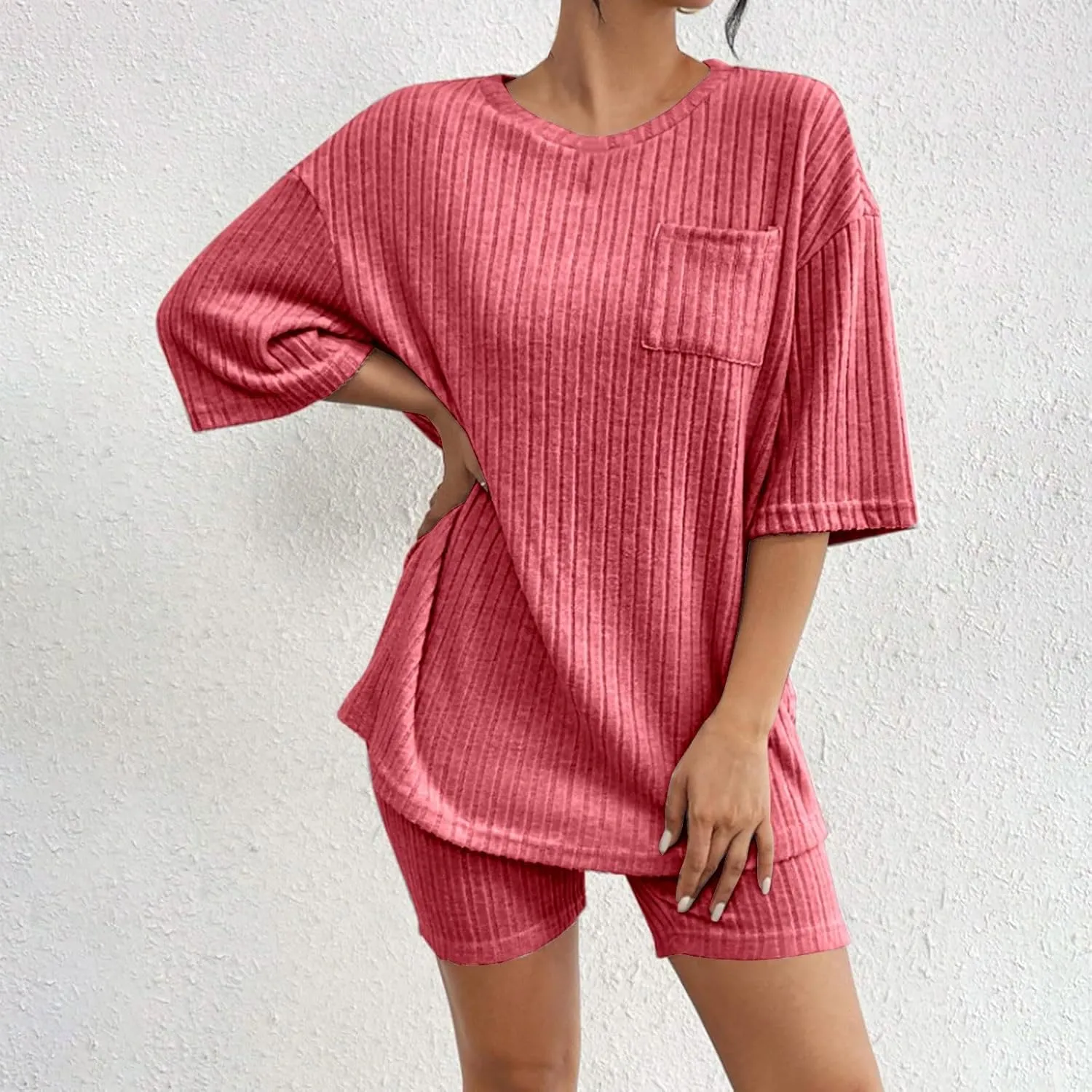 Women's 2 Piece Outfits Ribbed Knit Sets Half Sleeve T-Shirt Biker Shorts Set Matching Tracksuits Casual Sleepwear