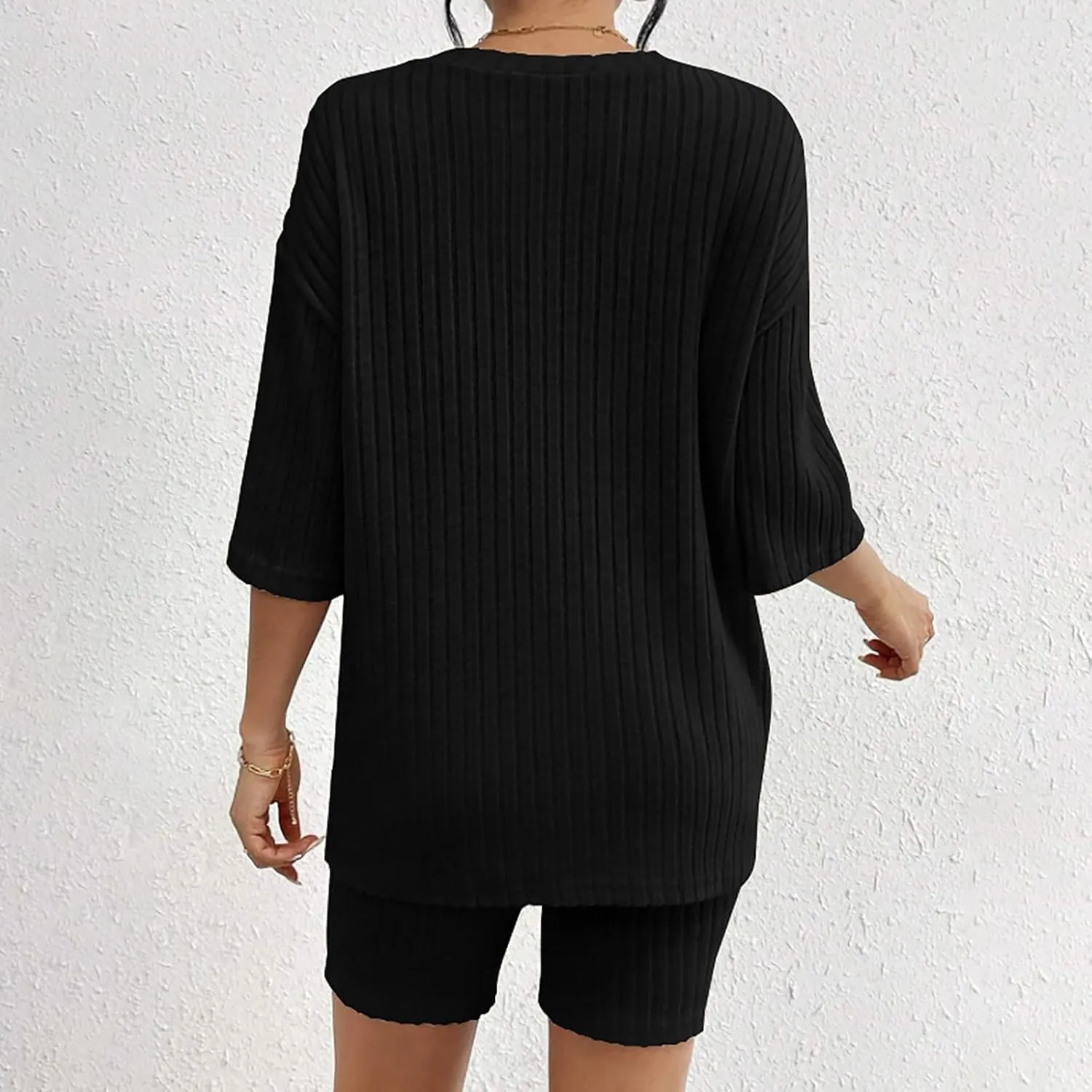 Women's 2 Piece Outfits Ribbed Knit Sets Half Sleeve T-Shirt Biker Shorts Set Matching Tracksuits Casual Sleepwear