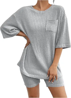 Women's 2 Piece Outfits Ribbed Knit Sets Half Sleeve T-Shirt Biker Shorts Set Matching Tracksuits Casual Sleepwear