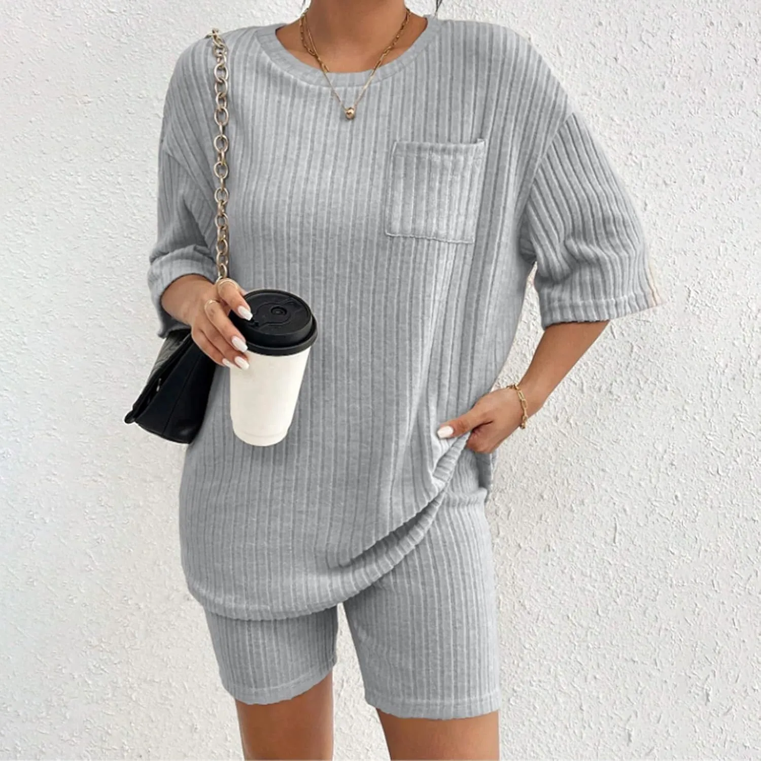 Women's 2 Piece Outfits Ribbed Knit Sets Half Sleeve T-Shirt Biker Shorts Set Matching Tracksuits Casual Sleepwear