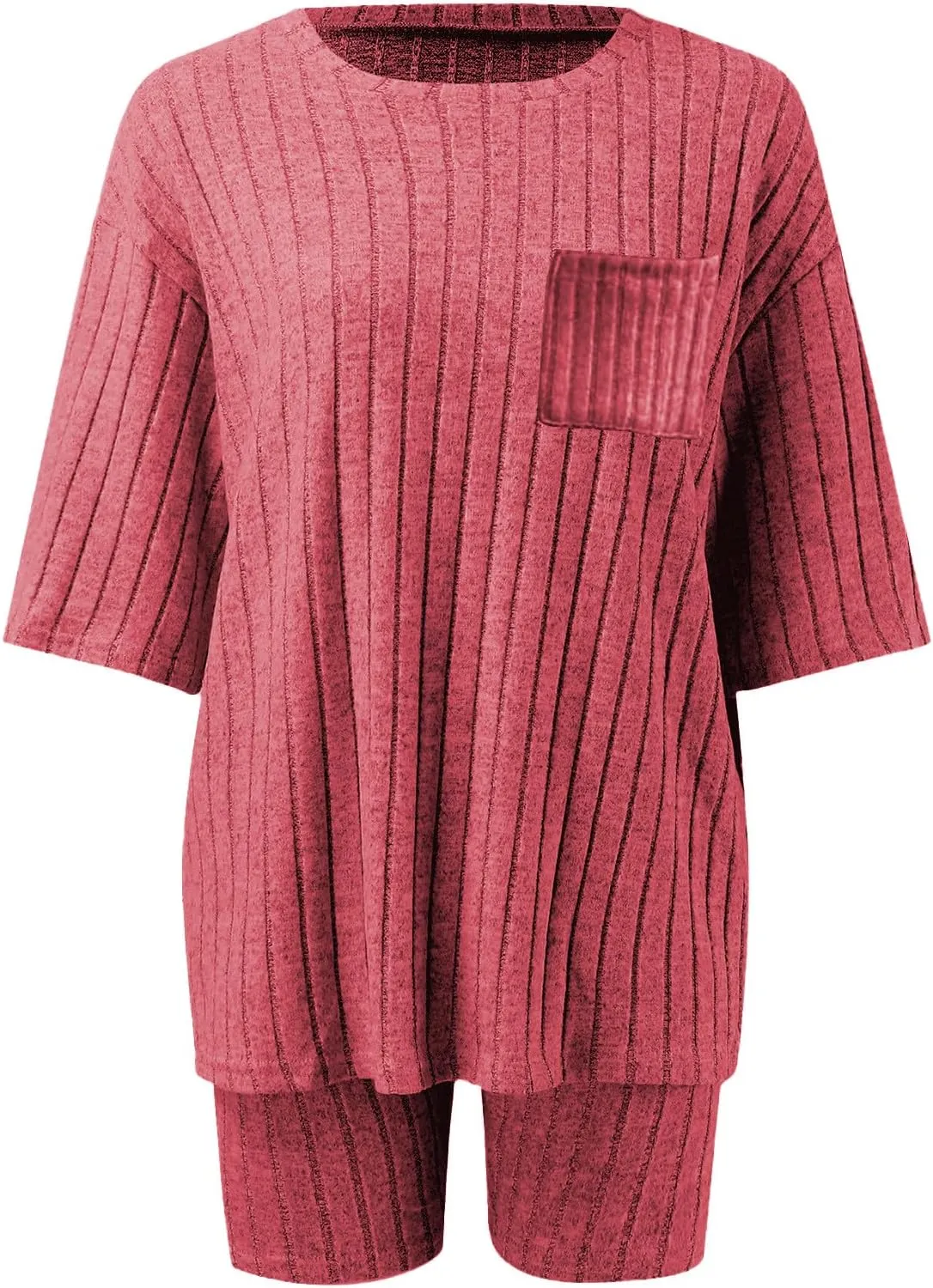 Women's 2 Piece Outfits Ribbed Knit Sets Half Sleeve T-Shirt Biker Shorts Set Matching Tracksuits Casual Sleepwear