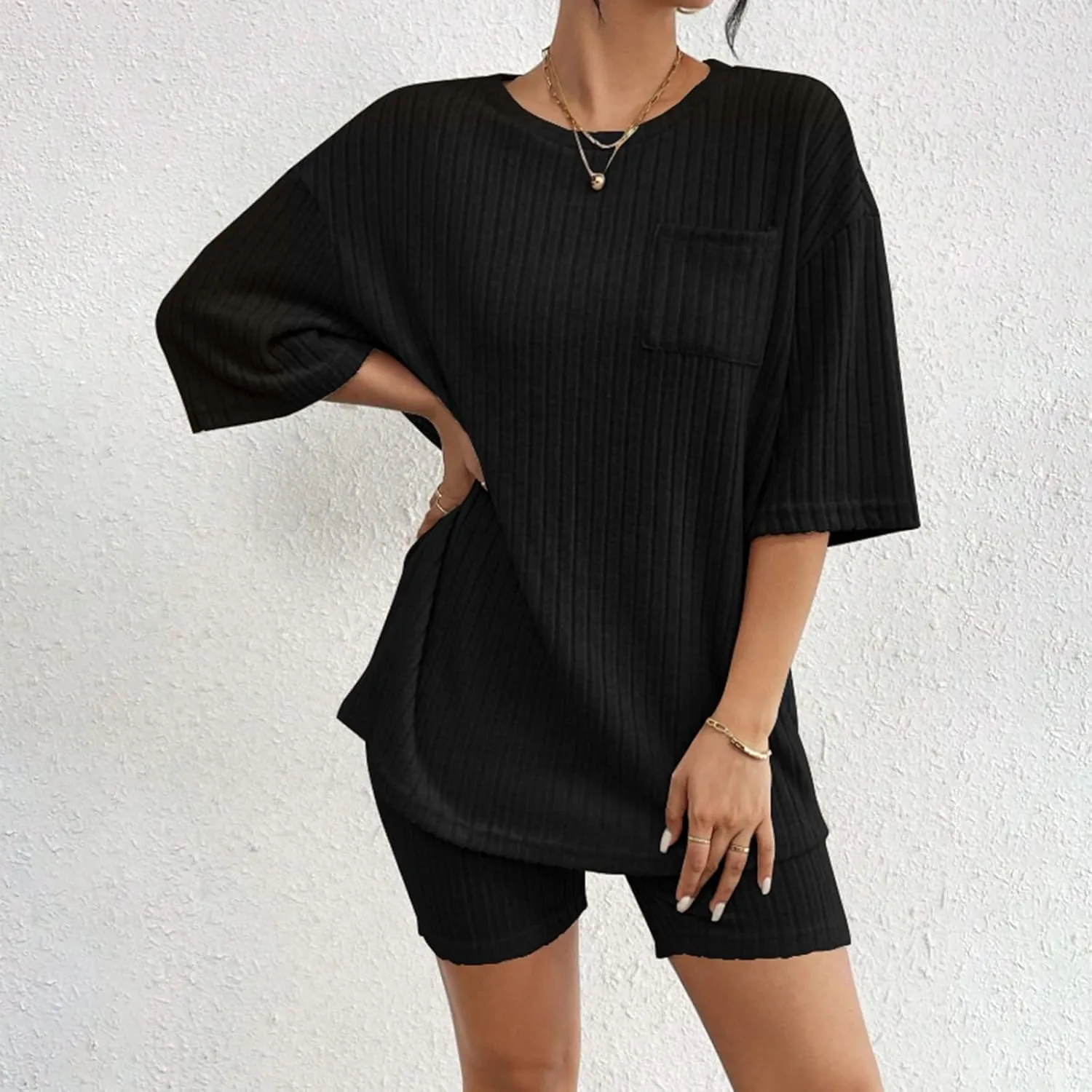 Women's 2 Piece Outfits Ribbed Knit Sets Half Sleeve T-Shirt Biker Shorts Set Matching Tracksuits Casual Sleepwear