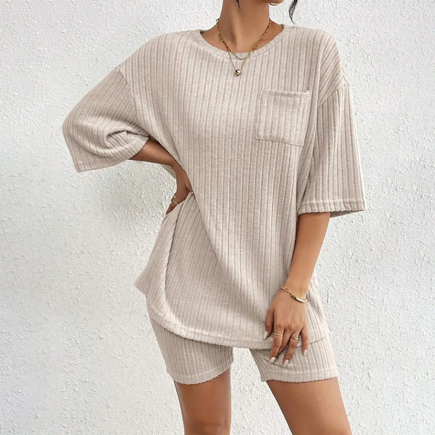 Women's 2 Piece Outfits Ribbed Knit Sets Half Sleeve T-Shirt Biker Shorts Set Matching Tracksuits Casual Sleepwear
