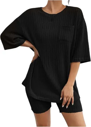Women's 2 Piece Outfits Ribbed Knit Sets Half Sleeve T-Shirt Biker Shorts Set Matching Tracksuits Casual Sleepwear