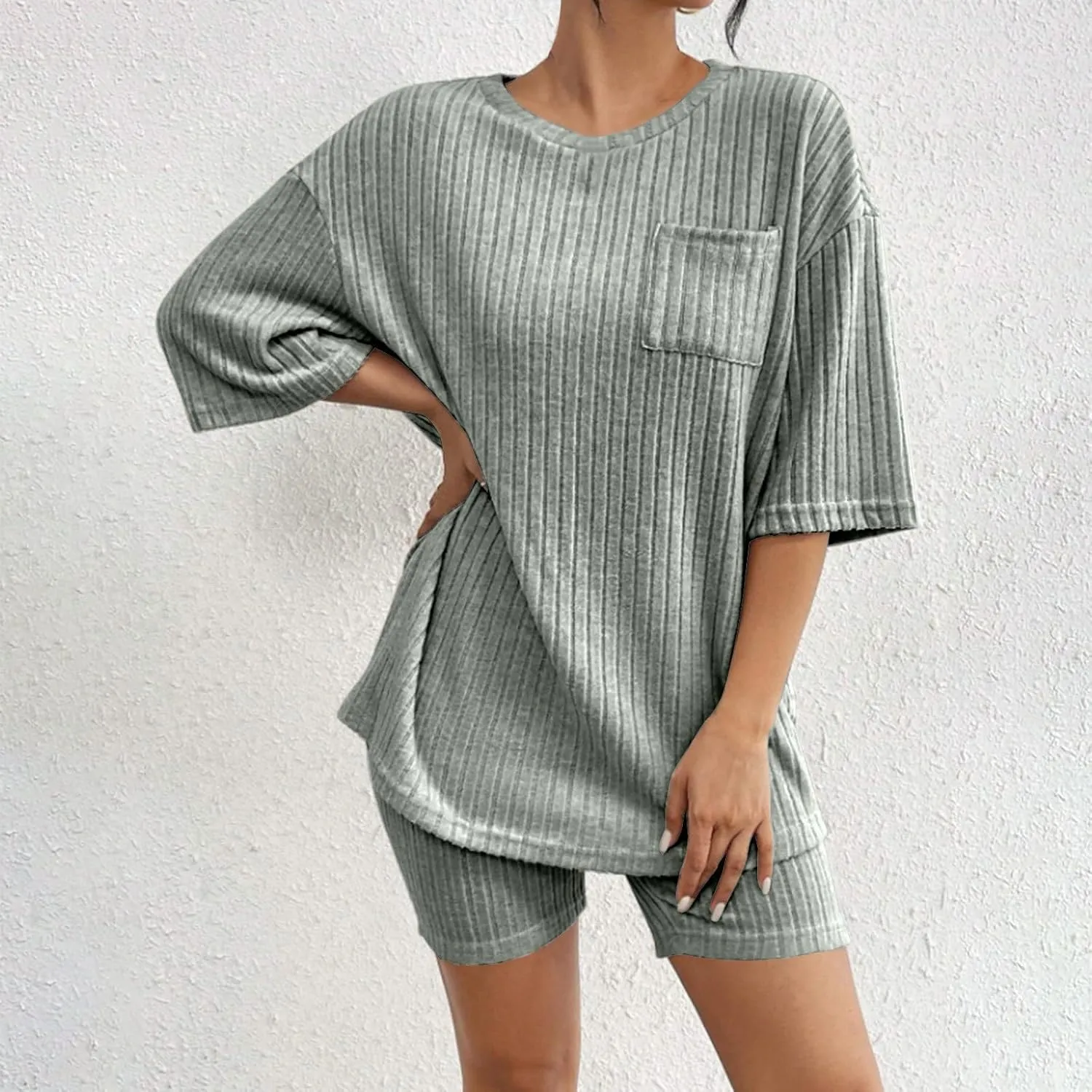 Women's 2 Piece Outfits Ribbed Knit Sets Half Sleeve T-Shirt Biker Shorts Set Matching Tracksuits Casual Sleepwear