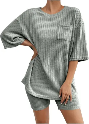 Women's 2 Piece Outfits Ribbed Knit Sets Half Sleeve T-Shirt Biker Shorts Set Matching Tracksuits Casual Sleepwear