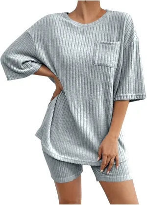 Women's 2 Piece Outfits Ribbed Knit Sets Half Sleeve T-Shirt Biker Shorts Set Matching Tracksuits Casual Sleepwear