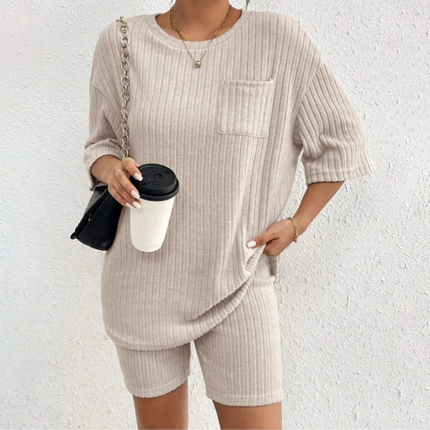 Women's 2 Piece Outfits Ribbed Knit Sets Half Sleeve T-Shirt Biker Shorts Set Matching Tracksuits Casual Sleepwear