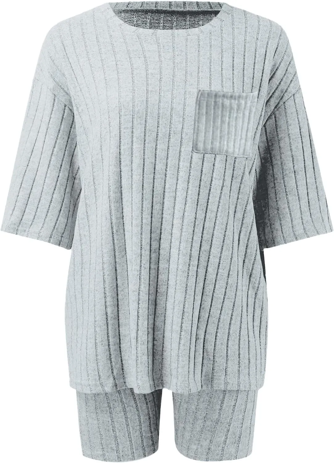 Women's 2 Piece Outfits Ribbed Knit Sets Half Sleeve T-Shirt Biker Shorts Set Matching Tracksuits Casual Sleepwear