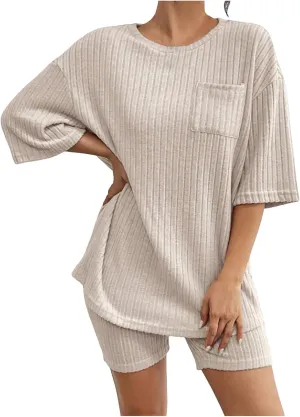 Women's 2 Piece Outfits Ribbed Knit Sets Half Sleeve T-Shirt Biker Shorts Set Matching Tracksuits Casual Sleepwear