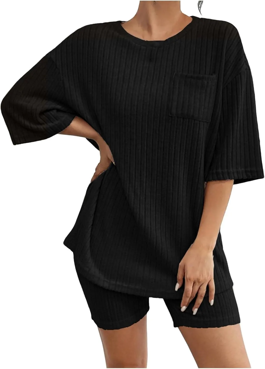 Women's 2 Piece Outfits Ribbed Knit Sets Half Sleeve T-Shirt Biker Shorts Set Matching Tracksuits Casual Sleepwear