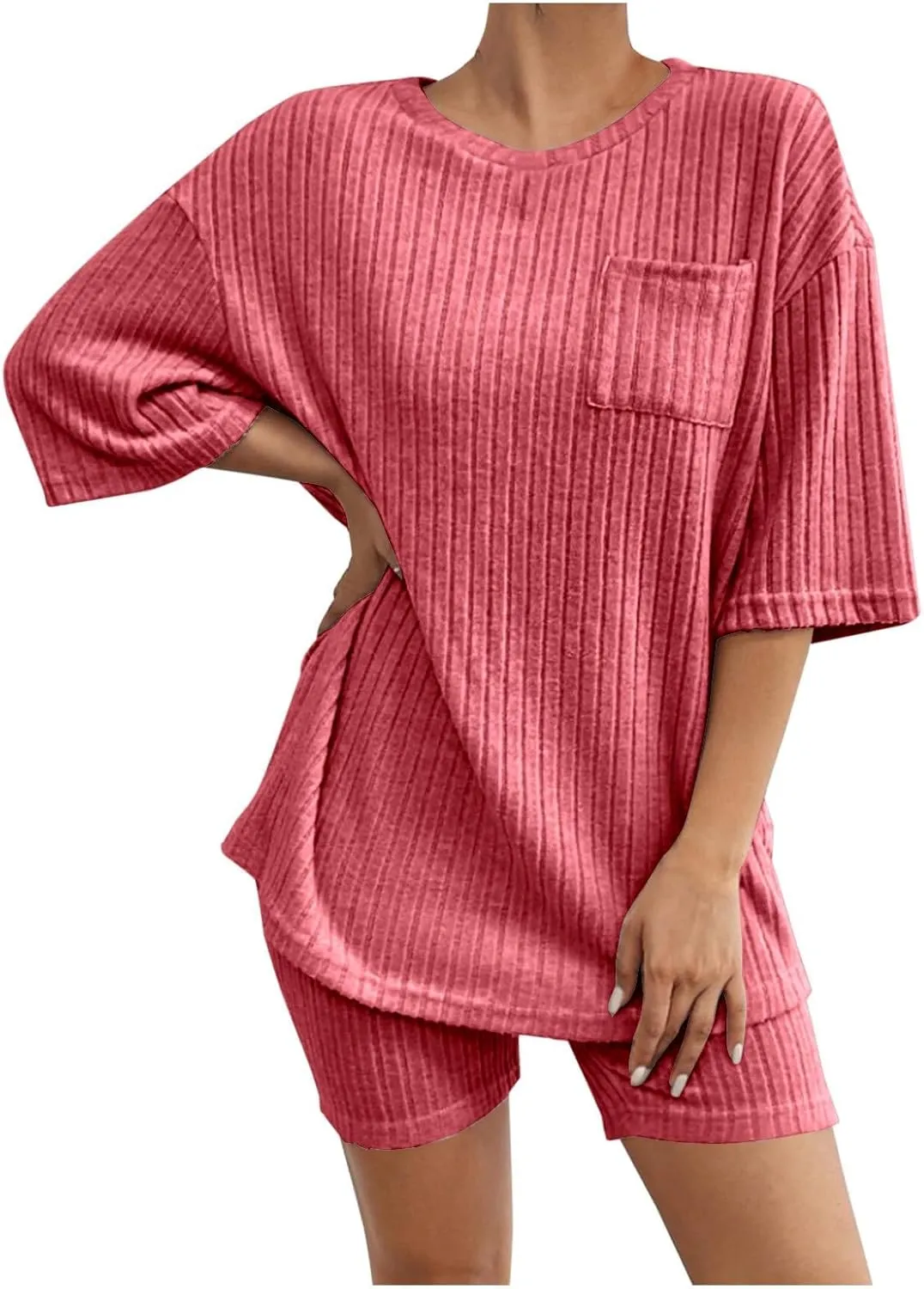 Women's 2 Piece Outfits Ribbed Knit Sets Half Sleeve T-Shirt Biker Shorts Set Matching Tracksuits Casual Sleepwear