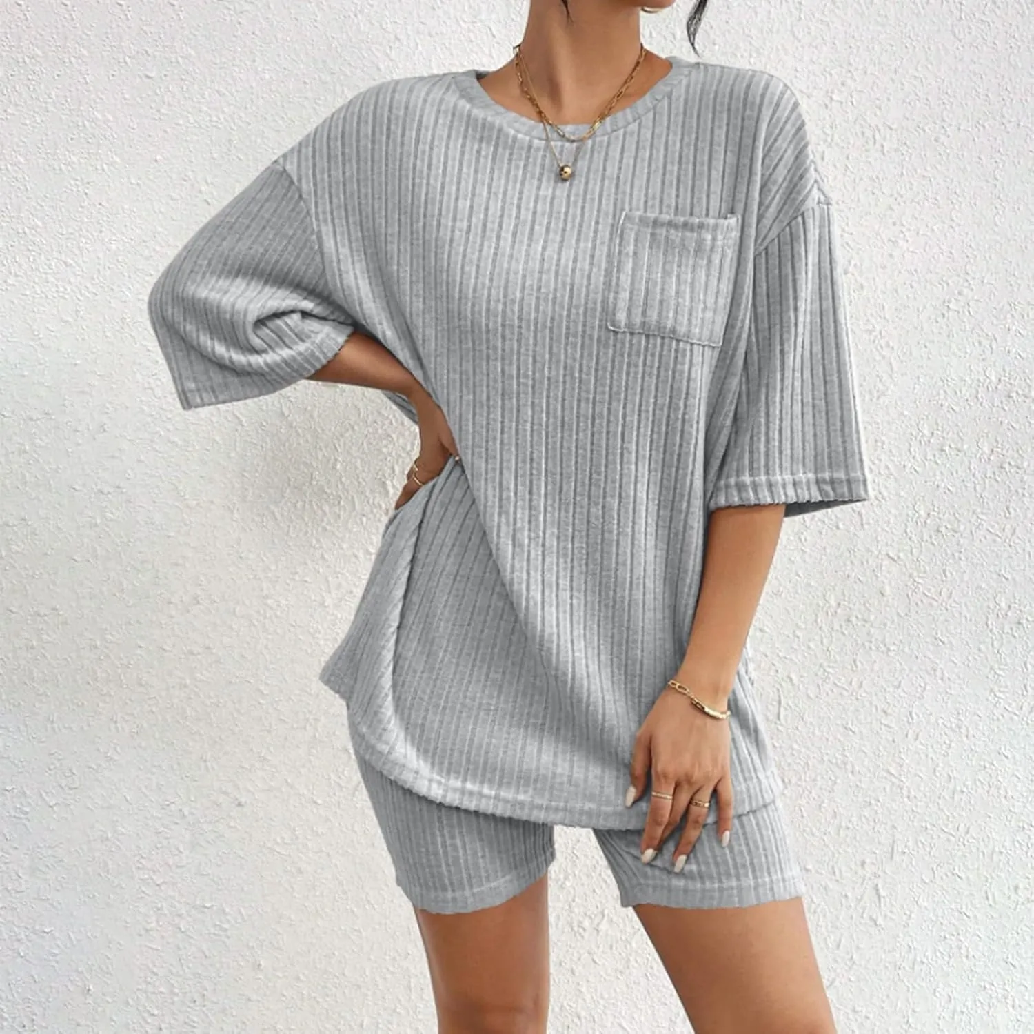 Women's 2 Piece Outfits Ribbed Knit Sets Half Sleeve T-Shirt Biker Shorts Set Matching Tracksuits Casual Sleepwear