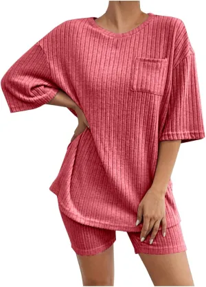 Women's 2 Piece Outfits Ribbed Knit Sets Half Sleeve T-Shirt Biker Shorts Set Matching Tracksuits Casual Sleepwear