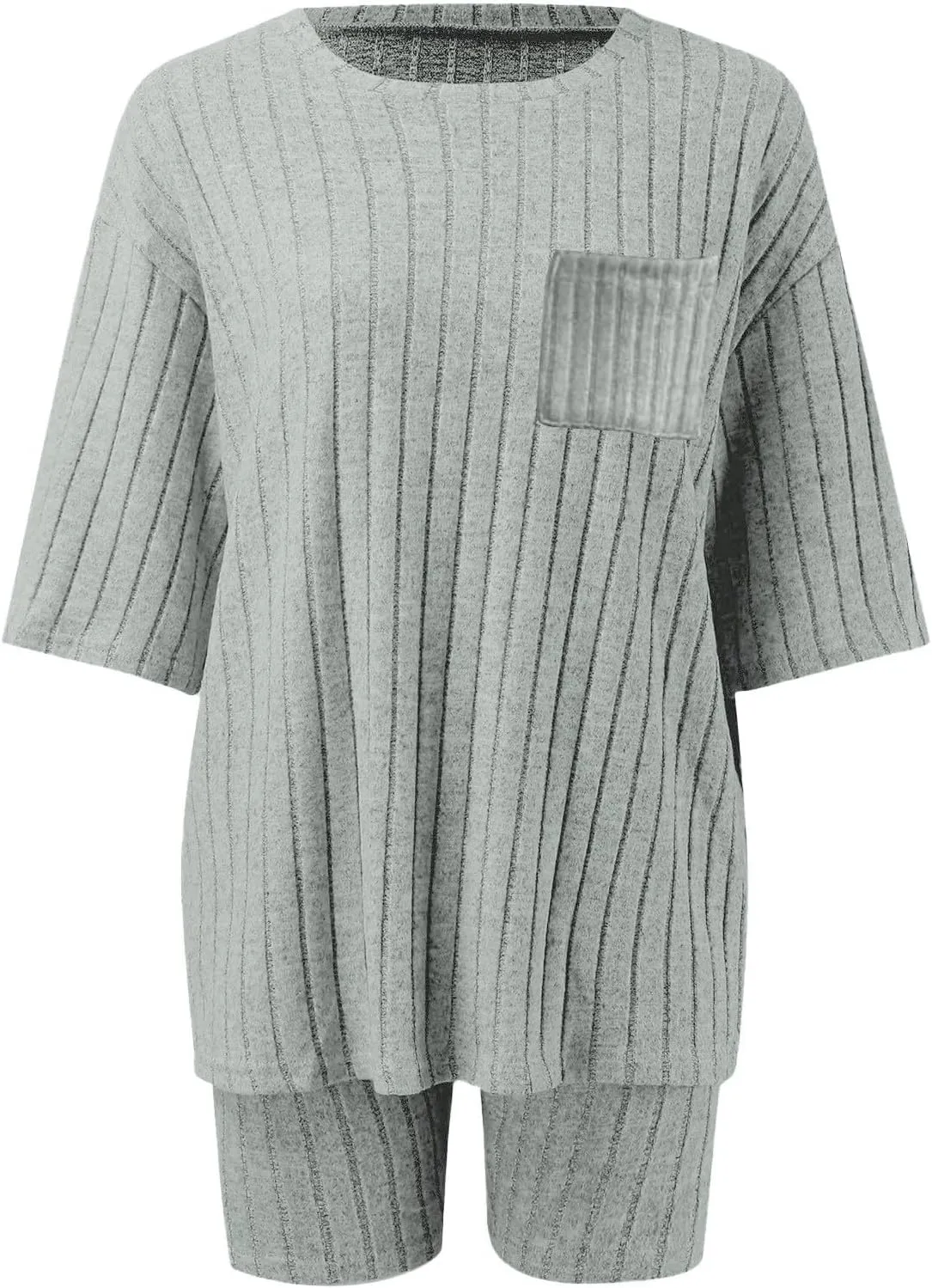 Women's 2 Piece Outfits Ribbed Knit Sets Half Sleeve T-Shirt Biker Shorts Set Matching Tracksuits Casual Sleepwear