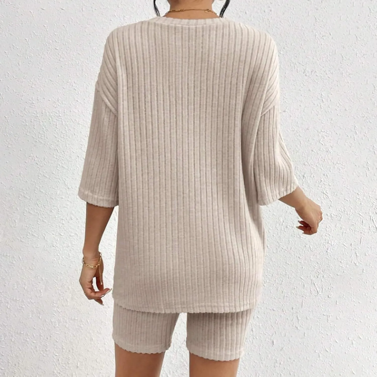 Women's 2 Piece Outfits Ribbed Knit Sets Half Sleeve T-Shirt Biker Shorts Set Matching Tracksuits Casual Sleepwear