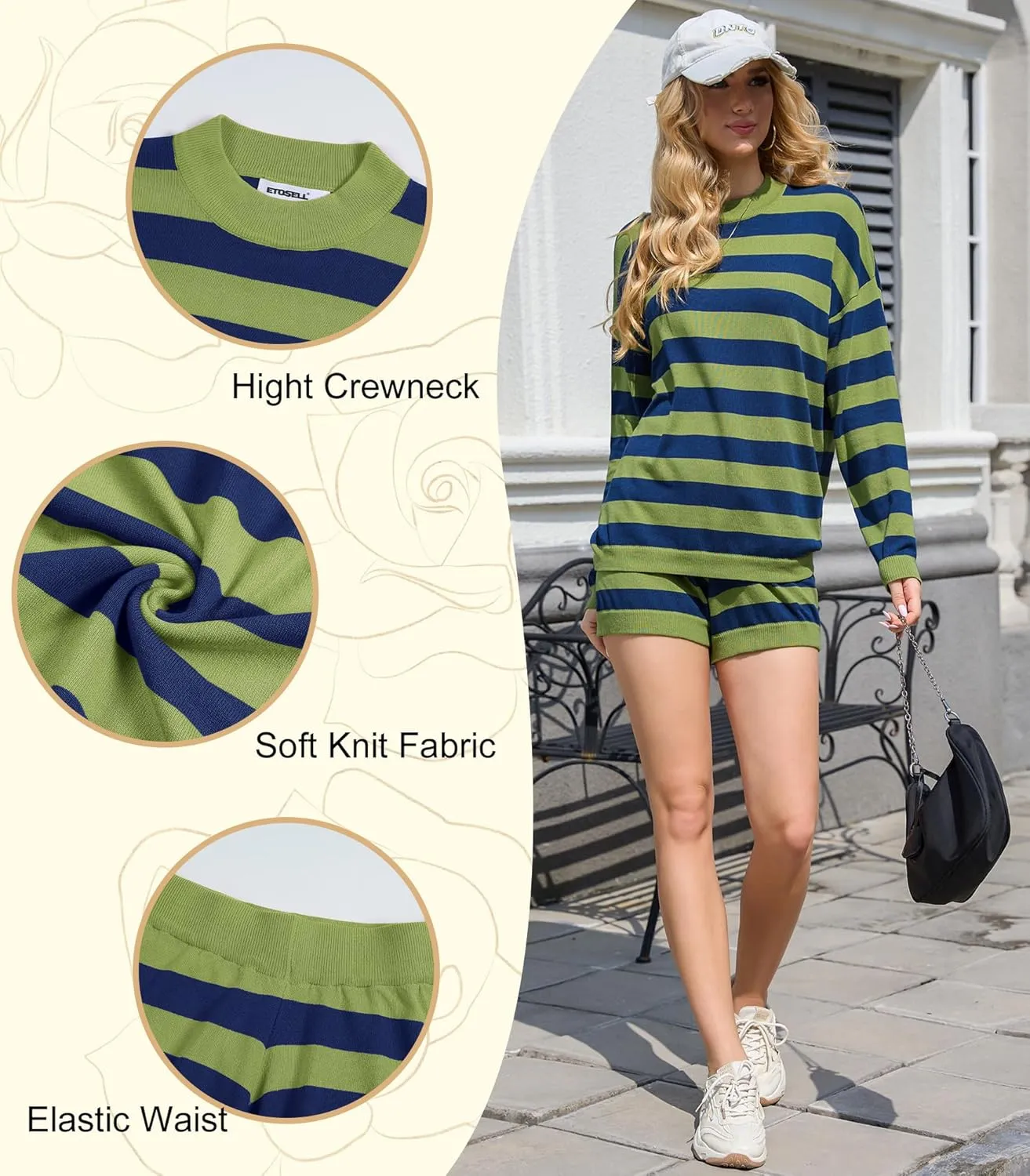 Womens 2 Piece Pajamas Sets Oversized Striped Sweater Knit Sets Long Sleeve Pullover and Shorts Lounge Sets