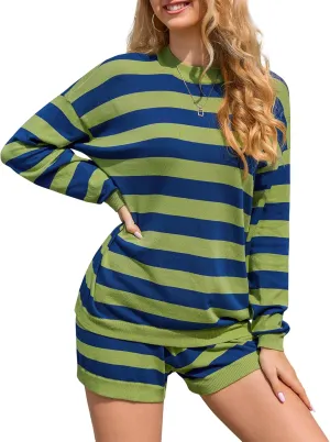 Womens 2 Piece Pajamas Sets Oversized Striped Sweater Knit Sets Long Sleeve Pullover and Shorts Lounge Sets