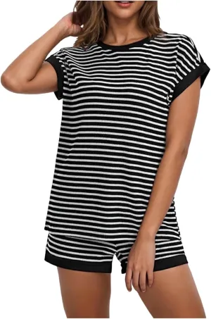 Womens 2 Piece Striped Knit Sets Summer Short Sleeve T Shirts Elastic High Waisted Shorts Trendy Casual Lounge Outfits