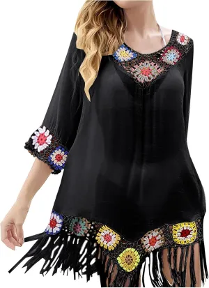 Womens Beach Cover up Crochet Plus Size Summer Dresses Casual Resort Wear Bathing Suit Cover up Sexy V Neck Swimwear