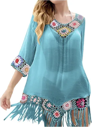 Womens Beach Cover up Crochet Plus Size Summer Dresses Casual Resort Wear Bathing Suit Cover up Sexy V Neck Swimwear