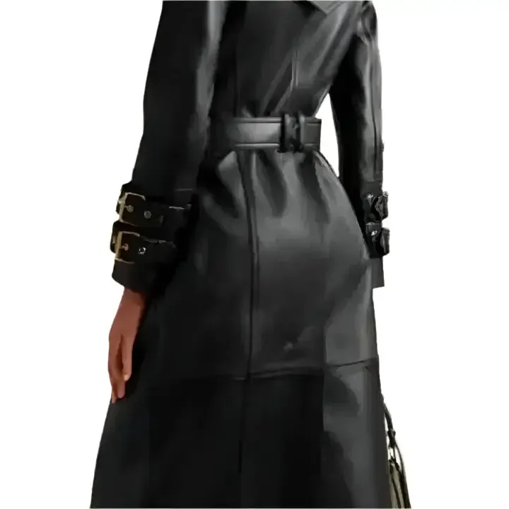 Women's Black Long Leather Trench Coat Stylish & Sophisticated