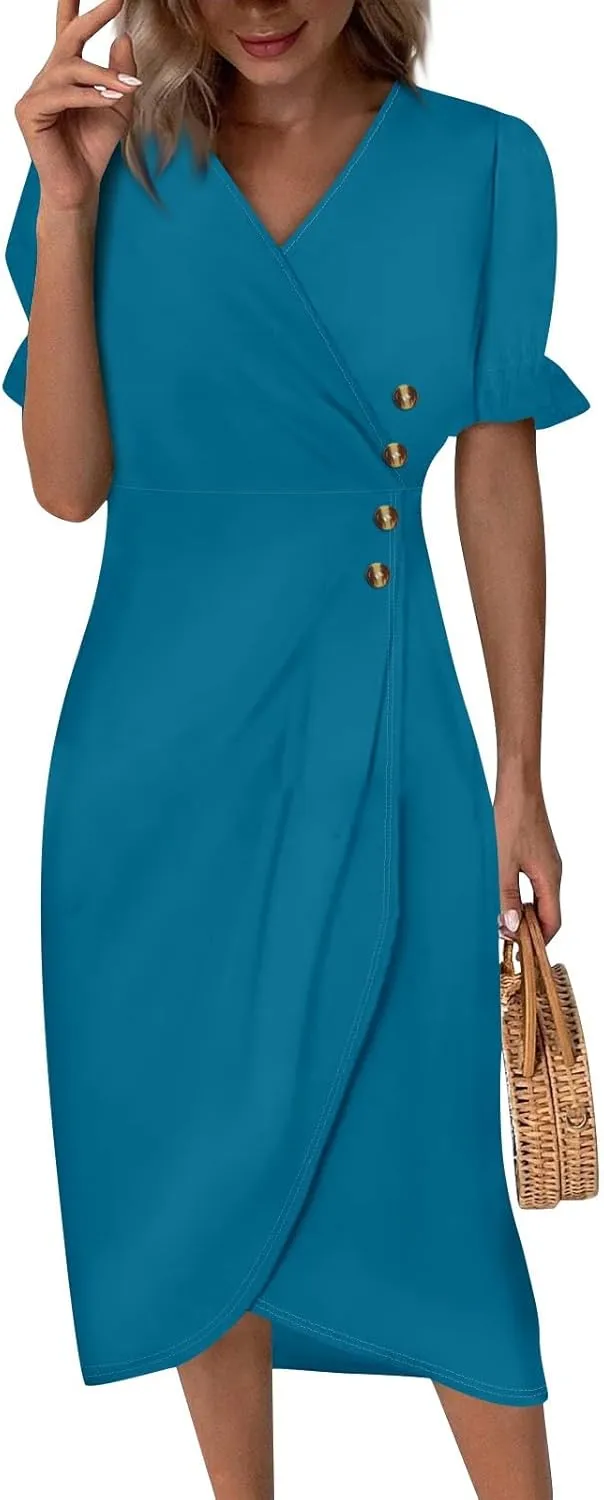 Women's Button Irregular Hem Wrap Midi Dress Elegant Puff Sleeve V Neck Solid Color Cocktail Party Dresses